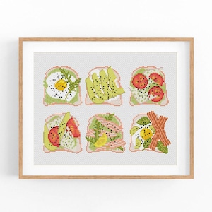 Toast-kruissteekpatroon, ontbijt-kruissteektabel, keukenposter kruissteek pdf, ModernXStitch-ei, avocado, zalm, instant download.