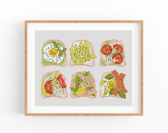 Toast Cross Stitch Pattern, Breakfast Cross Stitch Chart,Kitchen Poster Cross Stitch PDF, ModernXStitch Egg,Avocado,Salmon Instant download.