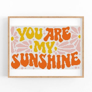 May include: Cross-stitch pattern featuring a retro font design that reads "You are my sunshine" in orange and yellow on a pink background.