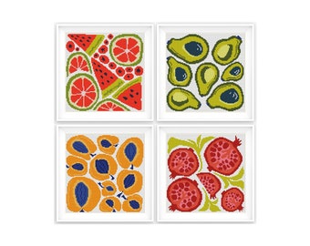 Set of 4 Modern Abstract Fruit Cross stitch patterns, Modern cross stitch, Food, Small counted cross stitch chart. Instant download PDF
