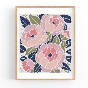 Puede incluir: Patrón de punto de cruz con un diseño floral con flores rosas y blancas y hojas azul oscuro.