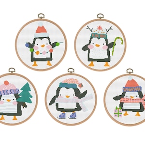 Cross stitch patterns, set of 5, Christmas Penguin, Modern x-stitch design, Counted x-stitch, Nursery, Funny xstitch Instant download PDF
