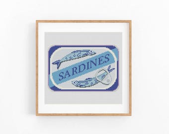 Korsstygnsmönster med sardiner, matkonst med sardiner, korsstygnsmönster med fisk, modern korsstygnsdesign, direktnedladdning i PDF-format