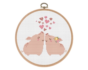 Cross stitch pattern, Modern, Pig Couple in Love, Valentine, Small Easy Counted cross stitch, Nursery Decor, baby, Instant download PDF