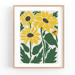 Kruissteekpatroon moderne abstracte bloemen, zonnebloem, bloem, eenvoudig x-steekpatroon, kruissteektabel, plantenpatroon, pdf-bestand direct downloaden