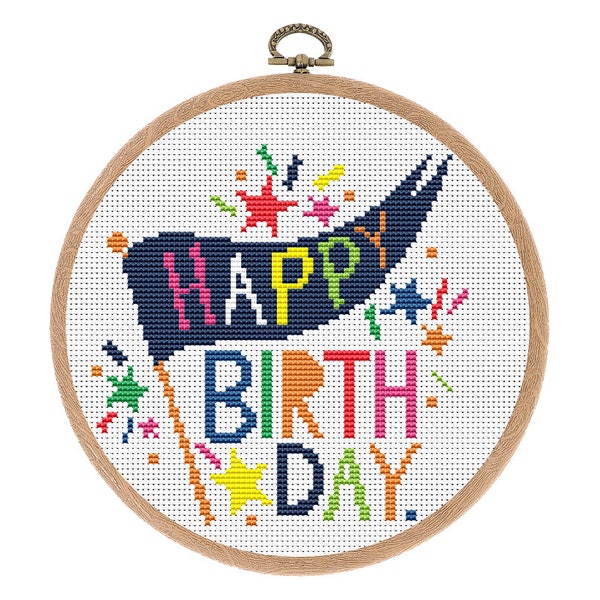 Cross Stitch pattern Happy Birthday. Modern Hoop art. PDF embroidery design. Funny cross stitch pattern. Motivation sign. Instant download.