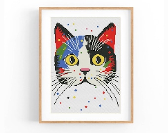 Cat Cross Stitch Pattern, Funny Colorful Cat, Modern x-stitch Pattern, Cross Stitch Chart, Cat Lover Gift Pattern, Instant Download PDF