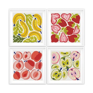 Set mit 4 modernen abstrakten Früchte Kreuzstich Stickmuster, modernes Kreuzstichmuster, Essen, kleine Kreuzstichvorlage. Sofortiger Download PDF
