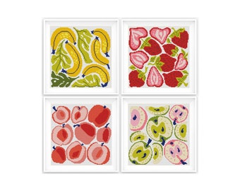 Fruit Cross Stitch Pattern Set of 4, Modern Abstract Chart, Banana Strawberry Peach Apple, Instant Download PDF
