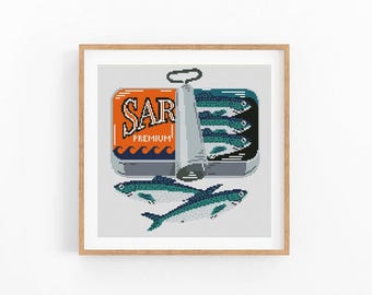 Sardines Can Cross Stitch Pattern, Sardine Food Art, Fish Can Cross Stitch Pattern, Modern Cross Stitch Design, Instant Download PDF