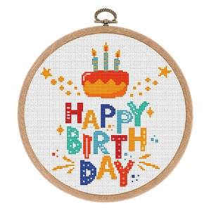 Patrón de punto de cruz Feliz cumpleaños. Arte moderno en bastidor. Diseño de bordado en PDF. Patrón divertido de punto de cruz. Descarga instantánea.