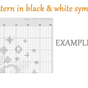 May include: Black and white cross stitch pattern with the text "Happy Cross Stitchers" and "EXAMPLE". The pattern is on a grid with numbers 50 to 100.