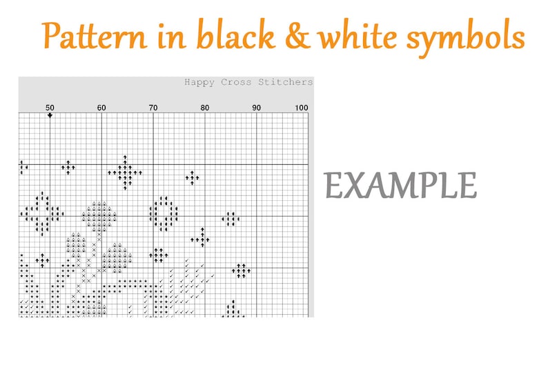 May include: Black and white cross stitch pattern with the text "Happy Cross Stitchers" and "EXAMPLE". The pattern is on a grid with numbers 50 to 100.