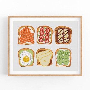 Toast-kruissteekpatroon, ontbijt-kruissteektabel, keukenposter kruissteek pdf, ModernXStitch-ei, avocado, zalm, instant download.
