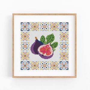 Figs Cross Stitch Pattern PDF, Mediterranean Tile Fruit Kitchen Decor, Instant Download, Summer Embroidery Chart, Botanical Wall Art
