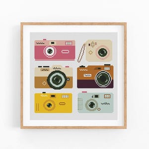 May include: A framed print featuring six colorful, retro-style cameras in a grid pattern. The cameras are in shades of pink, tan, brown, yellow, and blue, each with a distinct design. The artwork is set against a light gray background.