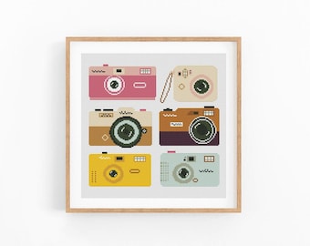 Patrón de punto de cruz de cámara fotográfica retro, diseño XStitch moderno, descarga instantánea en PDF.