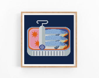 Korsstygnsmönster med sardiner, matkonst med sardiner, korsstygnsmönster med fisk, modern korsstygnsdesign, direktnedladdning i PDF-format