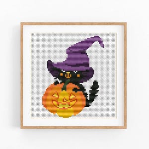 Halloween Cat cross stitch pattern. Animal cross stitch PDF. Pumpkin Hand Embroidery. Cat lover gift. Modern counted cross stitch chart
