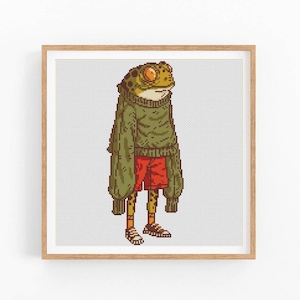 Op de afbeelding: Een pixel art kruissteekpatroon van een kikker die een groene trui en een rode broek draagt. De kikker staat op twee benen en heeft een groen en bruin lichaam met oranje ogen.