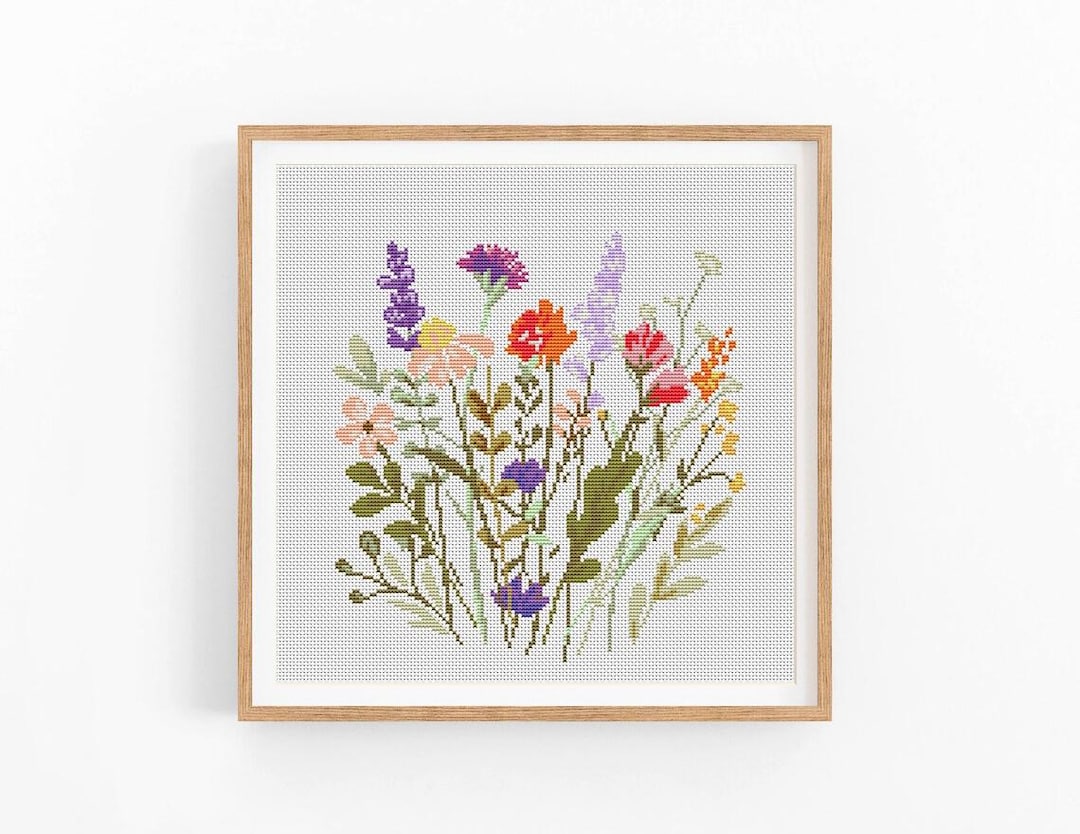 ハンドメイド　刺繍クロス　「wild flowers & leaves」 Cross Stitch Pattern Modern Flowers. Wild Flowers PDF Embroidery