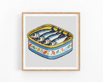 Korsstygnsmönster med sardiner, matkonst med sardiner, korsstygnsmönster med fisk, modern korsstygnsdesign, direktnedladdning i PDF-format