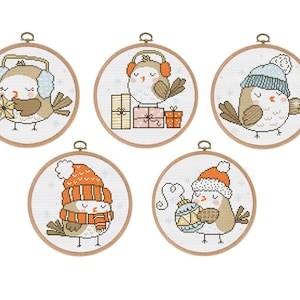 Cross stitch patterns, set of 5, Christmas Bird, Merry Christmas Modern xstitch design,Counted x-stitch, Nursery, Funny Instant download PDF