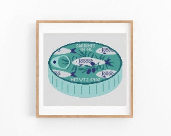 Korsstygnsmönster med sardiner, matkonst med sardiner, korsstygnsmönster med fisk, modern korsstygnsdesign, direktnedladdning i PDF-format
