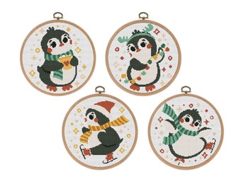 Cross stitch patterns, set of 4, Christmas Penguin, Modern x-stitch design, Counted x-stitch, Nursery, Funny xstitch Instant download PDF