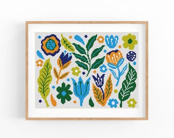 Cross stitch pattern. Scandinavian Folk Flowers. Modern Counted cross stitch chart. Nature embroidery. Small x-stitch. Instant download PDF.