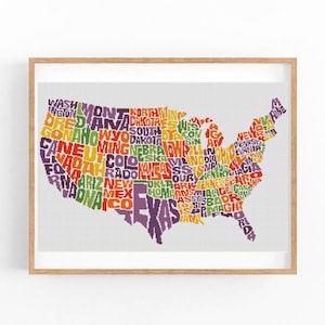 Carte des États-Unis d'Amérique avec les noms des États, motif point de croix. Grille à points comptés. Jour de l'indépendance. 4 juillet.Téléchargement instantané au format PDF