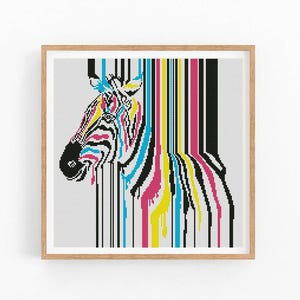 May include: A cross-stitch pattern of a zebra with colorful stripes, resembling a barcode. The zebra's head is facing left, and the stripes are dripping down like paint.
