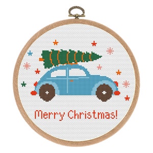 Christmas Modern Cross Stitch Pattern, Easy x-stitch Pattern, Car with Christmas Tree, Holidays Cross Stitch Chart, Instant Download PDF
