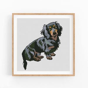 Può includere: Un ricamo a punto croce incorniciato di un cane bassotto. Il cane è raffigurato in tonalità di nero, grigio e marrone, con un design pixelato dettagliato. L'opera è incorniciata in una cornice di legno marrone chiaro.