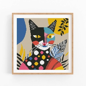 Cat Abstract Modern Cross Stitch Pattern, Vibrant Modern x-stitch Pattern, Cross Stitch Chart, Cat Lover Gift Pattern, Instant Download PDF