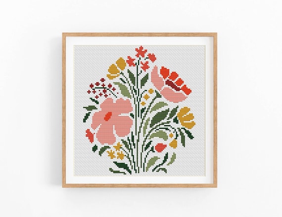 モダンな花のクロスステッチパターン。保育園用花柄PDF刺繍デザイン