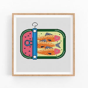 May include: A cross-stitch pattern of a tin of sardines. The tin is green, blue, and pink with three orange and yellow sardines inside.
