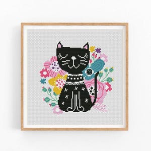 黒猫のクロスステッチ パターン、動物のモダンなクロスステッチ パターン、子猫のクロスステッチ チャート、猫好きのギフト パターン、PDF の即時ダウンロード