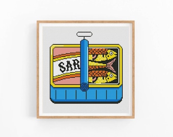 Korsstygnsmönster med sardiner, matkonst med sardiner, korsstygnsmönster med fisk, modern korsstygnsdesign, direktnedladdning i PDF-format