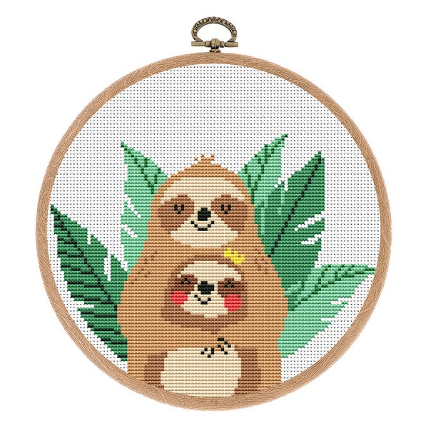 Cross stitch pattern, Mom and Baby, Sloth, Easy Counted cross stitch, funny small xstitch, Boho Nursery Decor, baby, Instant download PDF