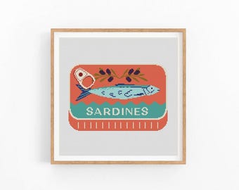 Korsstygnsmönster med sardiner, matkonst med sardiner, korsstygnsmönster med fisk, modern korsstygnsdesign, direktnedladdning i PDF-format