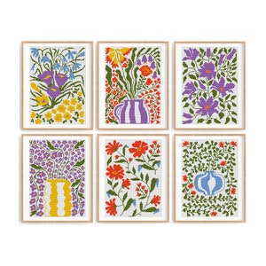 Set van 6 moderne bloemen kruissteekpatronen, abstracte natuur kruissteek, plant, eenvoudig te tellen kruissteekkaart. Pdf direct downloaden