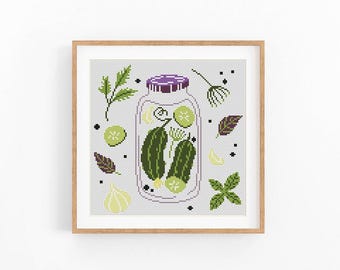 Pickle Jar Cross Stitch Pattern, Dill Pickle Embroidery, Food Art, Cucumber Xstitch Pattern, Modern Cross Stitch Design,Instant Download PDF