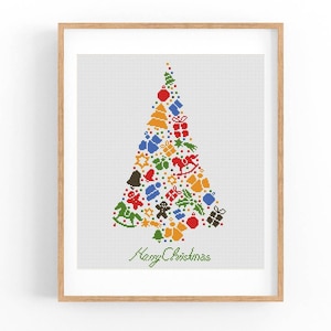 Happy Merry Christmas Cross Stitch Pattern, Xmas Tree,Modern Cross Stitch Pattern, Holidays Cross Stitch Pattern, Instant Download PDF