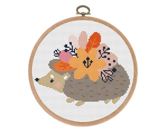 Cross stitch pattern, Modern, Hedgehog with flower, Small Easy Counted cross stitch, Boho Nursery Decor, kids, baby, Instant download PDF