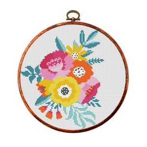 Wilde bloemen. Modern kruissteekpatroon. Boeket getelde kruissteekkaart. Borduurwerk met natuurringen. Kleine steek. Pdf direct downloaden