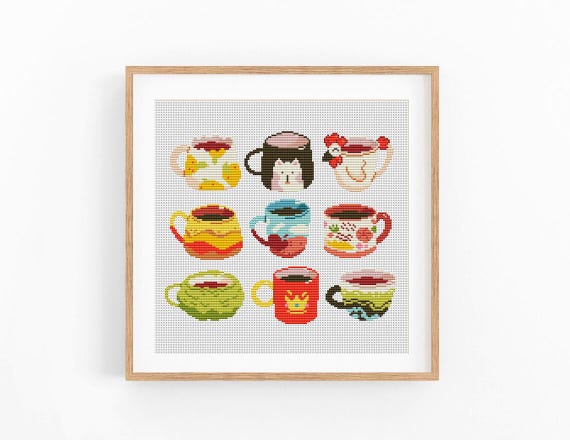 Kitchen mugs for tea and coffee cross stitch pattern PDF. Modern teacup counted xstitch chart PDF for beginner