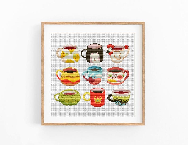 May include: A framed print featuring a grid of nine colorful mugs, each with unique designs. The mugs are filled with a warm beverage and decorated with patterns, animals, and floral motifs. The artwork is a cross-stitch style.