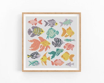 クロスステッチパターン、魚、海、オーシャン、かわいい魚、クロス