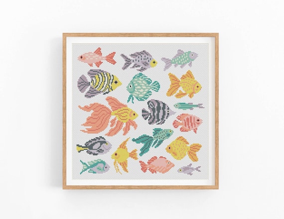 クロスステッチパターン、魚、海、オーシャン、かわいい魚 クロスステッチパターン、魚、海、オーシャン、かわいい魚